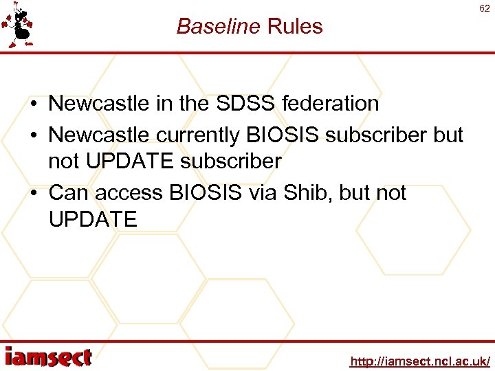 62 Baseline Rules • Newcastle in the SDSS federation • Newcastle currently BIOSIS subscriber
