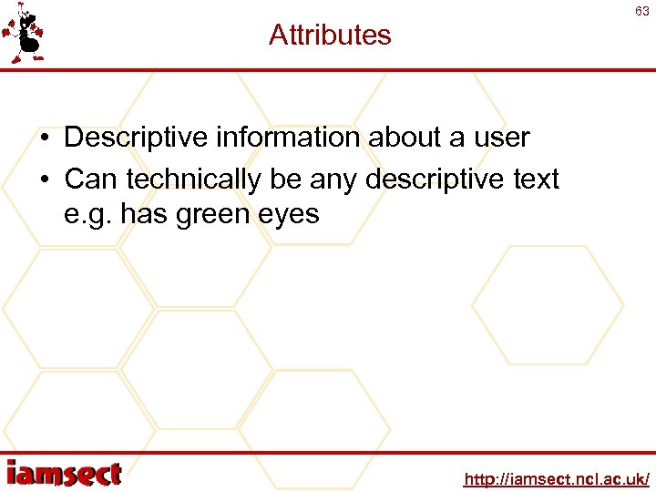 63 Attributes • Descriptive information about a user • Can technically be any descriptive