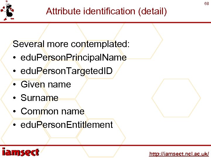 Attribute identification (detail) 68 Several more contemplated: • edu. Person. Principal. Name • edu.
