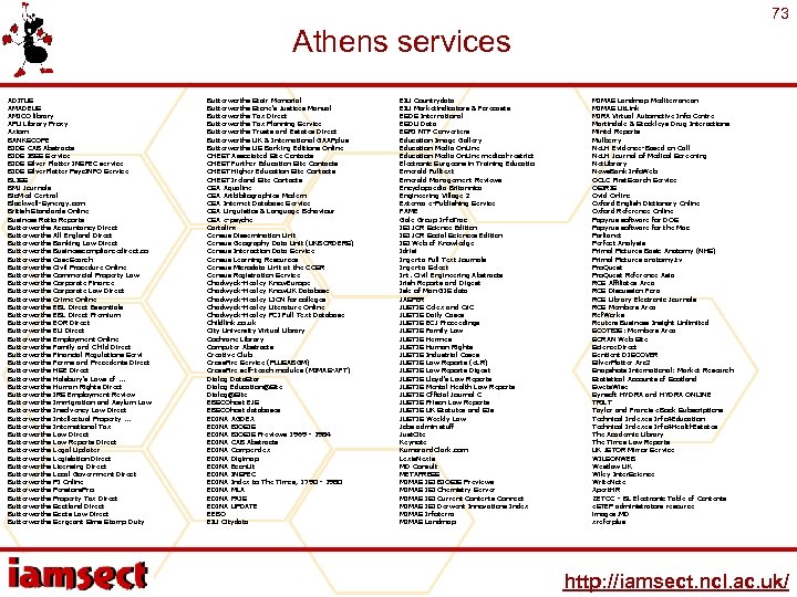 73 Athens services ADITUS AMADEUS AMICO library APU Library Proxy Axiom BANKSCOPE BIDS CAB
