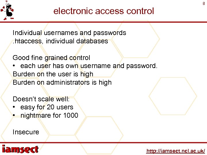 8 electronic access control Individual usernames and passwords. htaccess, individual databases Good fine grained