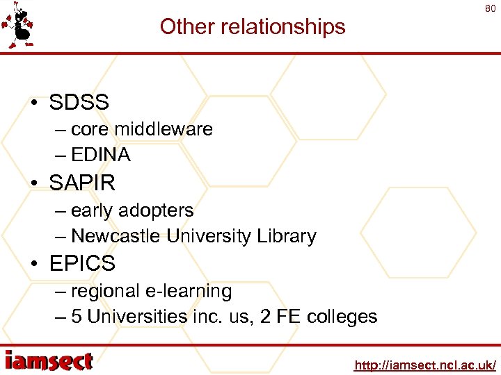 80 Other relationships • SDSS – core middleware – EDINA • SAPIR – early