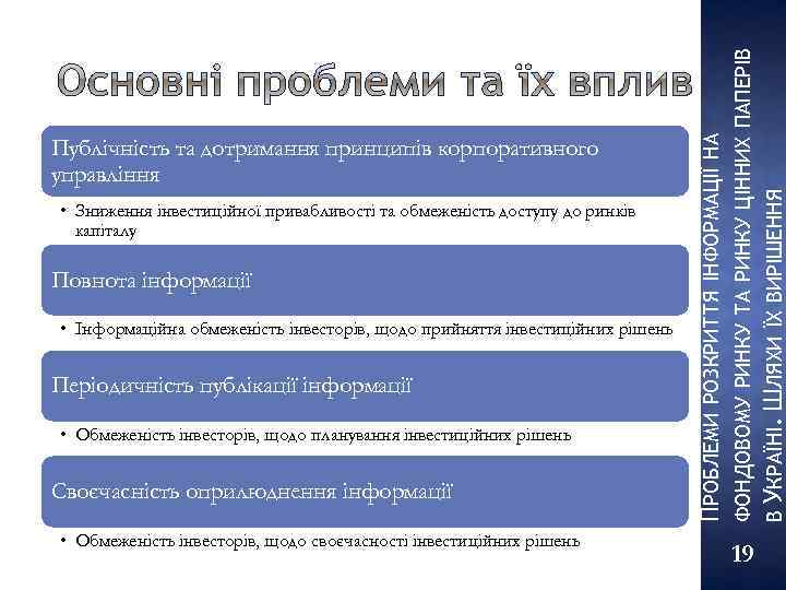 Повнота інформації • Інформаційна обмеженість інвесторів, щодо прийняття інвестиційних рішень Періодичність публікації інформації •