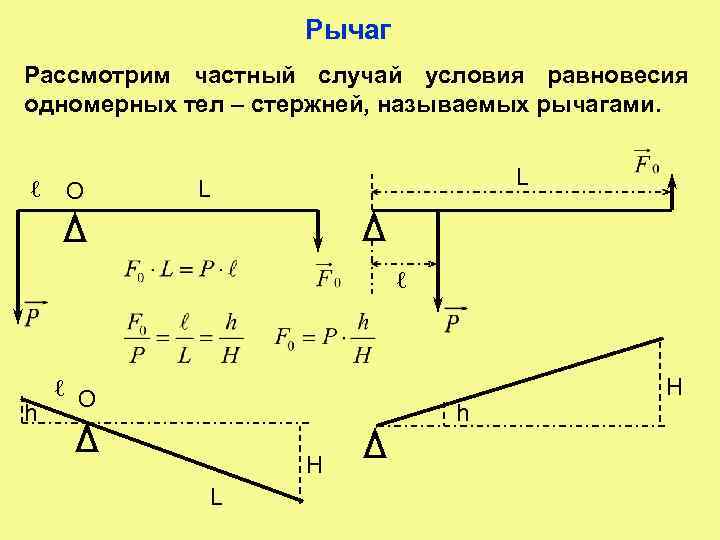 Рычаг Рассмотрим частный случай условия равновесия одномерных тел – стержней, называемых рычагами. ℓ О