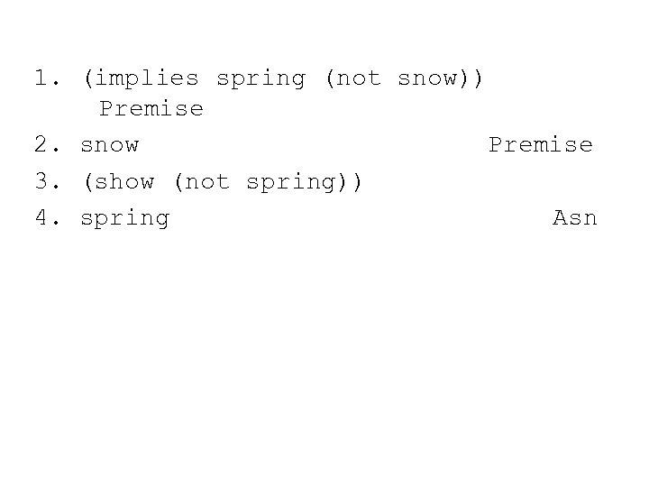 1. (implies spring (not snow)) Premise 2. snow Premise 3. (show (not spring)) 4.