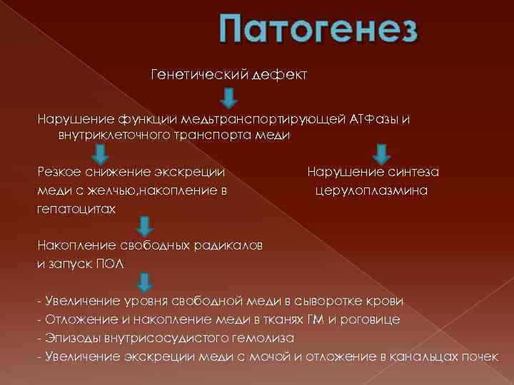 Патогенез Генетический дефект Нарушение функции медьтранспортирующей АТФазы и внутриклеточного транспорта меди Резкое снижение экскреции