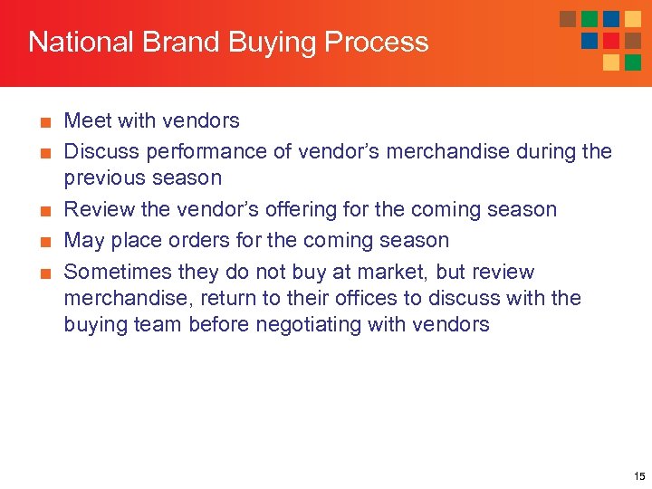 National Brand Buying Process ■ Meet with vendors ■ Discuss performance of vendor’s merchandise