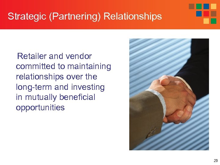 Strategic (Partnering) Relationships Retailer and vendor committed to maintaining relationships over the long-term and