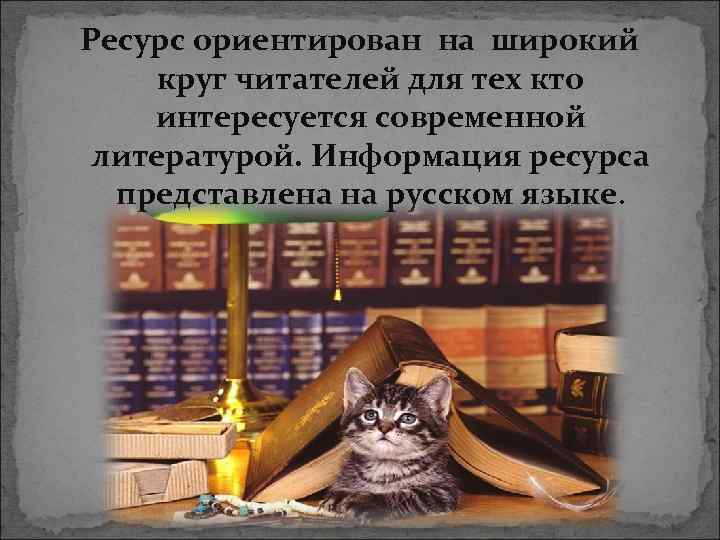 Ресурс ориентирован на широкий круг читателей для тех кто интересуется современной литературой. Информация ресурса