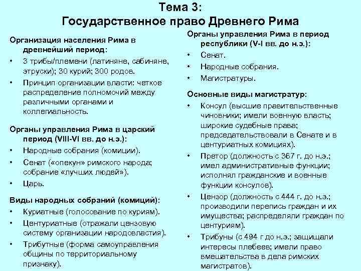 Тема 3: Государственное право Древнего Рима Организация населения Рима в древнейший период: • 3