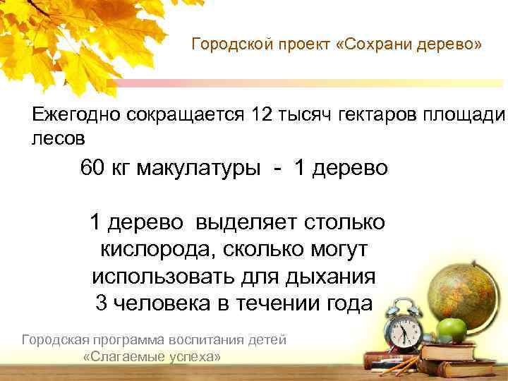 Городской проект «Сохрани дерево» Ежегодно сокращается 12 тысяч гектаров площади лесов 60 кг макулатуры