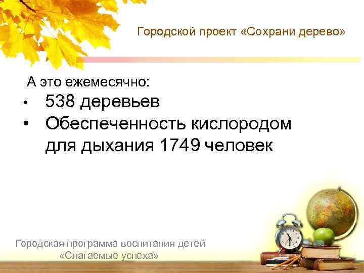 Городской проект «Сохрани дерево» А это ежемесячно: • 538 деревьев • Обеспеченность кислородом для