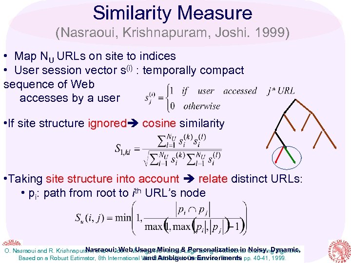 Similarity Measure (Nasraoui, Krishnapuram, Joshi. 1999) • Map NU URLs on site to indices