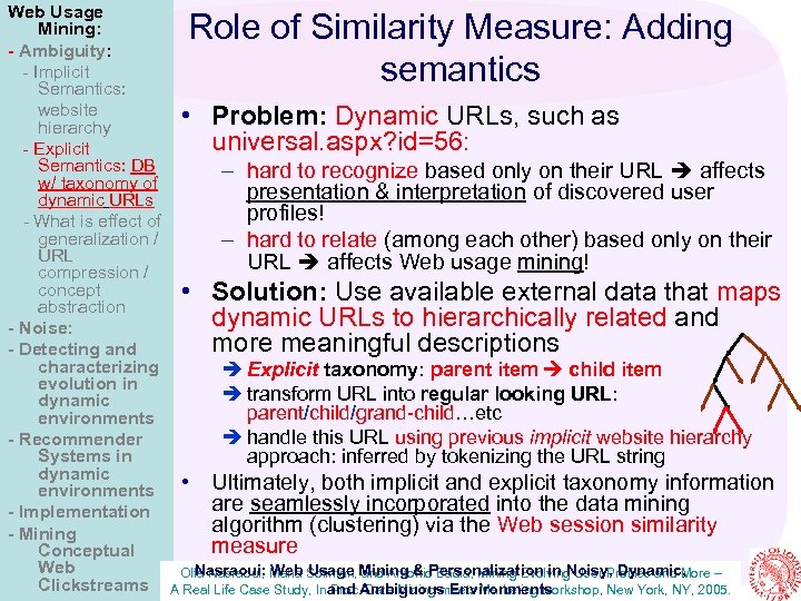 Web Usage Mining: - Ambiguity: - Implicit Semantics: website • Problem: Dynamic URLs, such