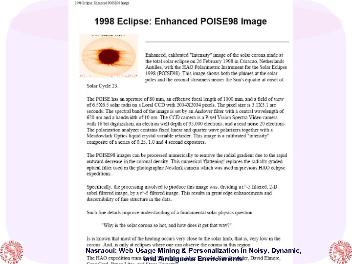 Nasraoui: Web Usage Mining & Personalization in Noisy, Dynamic, and Ambiguous Environments 