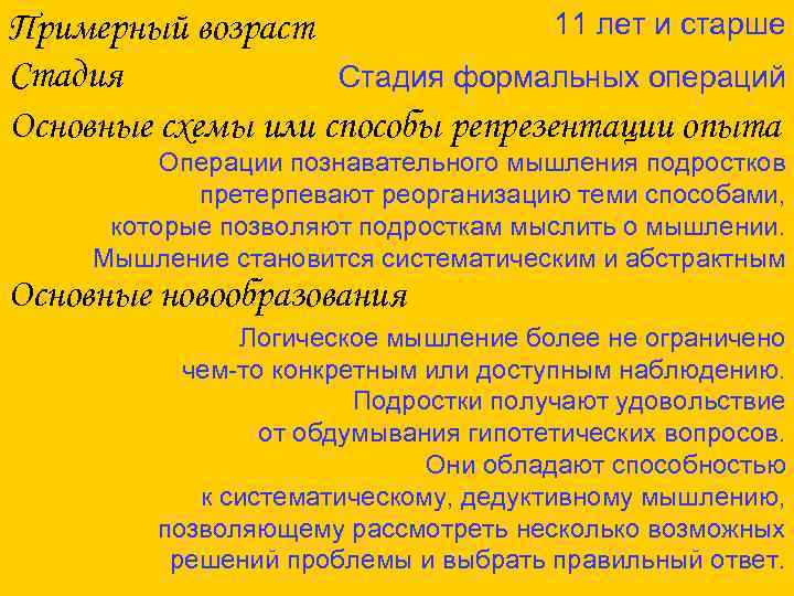 11 лет и старше Примерный возраст Стадия формальных операций Основные схемы или способы репрезентации