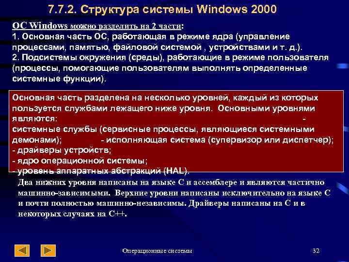 7. 7. 2. Структура системы Windows 2000 ОС Windows можно разделить на 2 части: