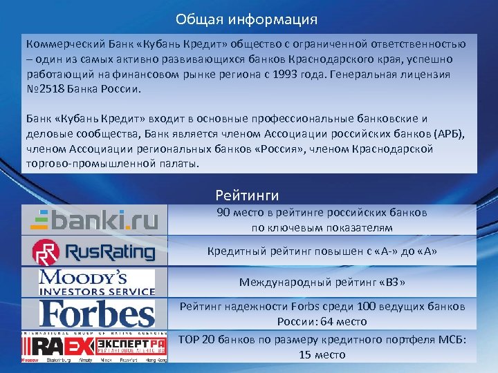 Общая информация Коммерческий Банк «Кубань Кредит» общество с ограниченной ответственностью – один из самых