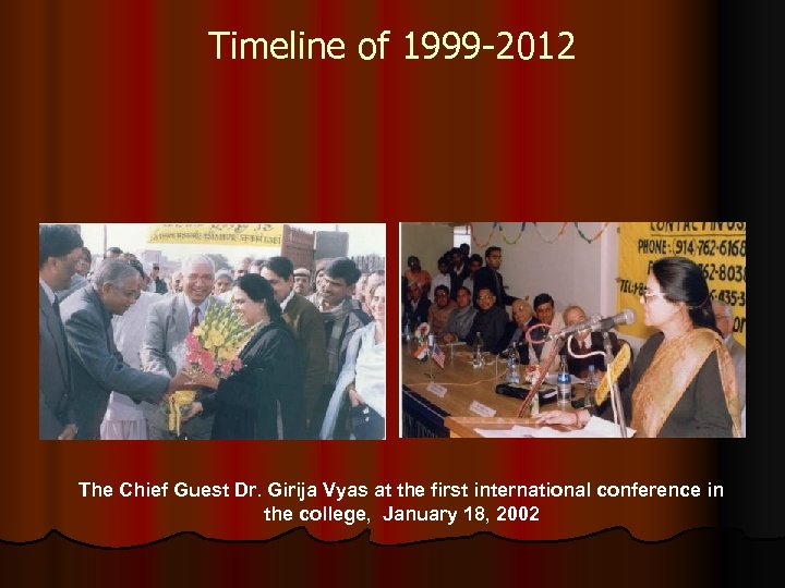 Timeline of 1999 -2012 The Chief Guest Dr. Girija Vyas at the first international