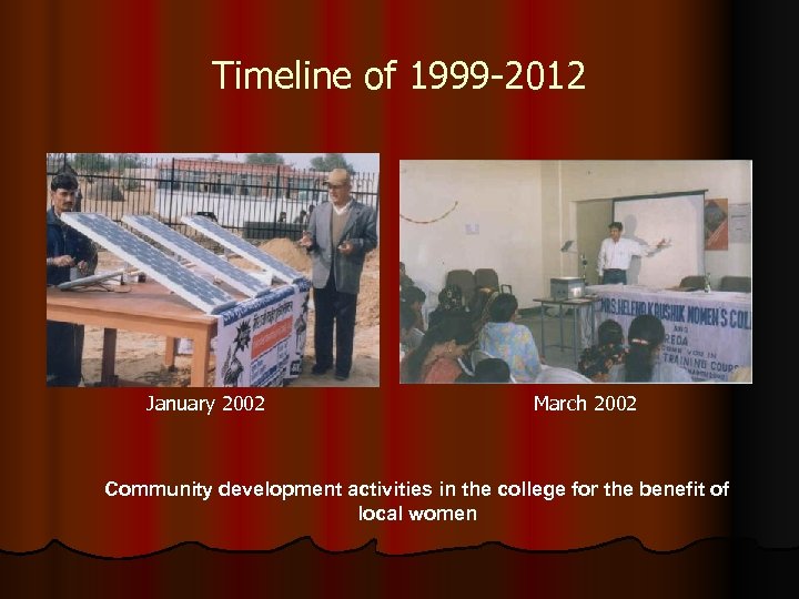 Timeline of 1999 -2012 January 2002 March 2002 Community development activities in the college