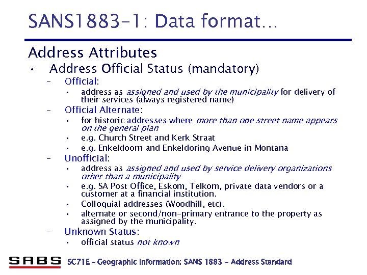 SANS 1883 -1: Data format… Address Attributes • Address Official Status (mandatory) – Official: