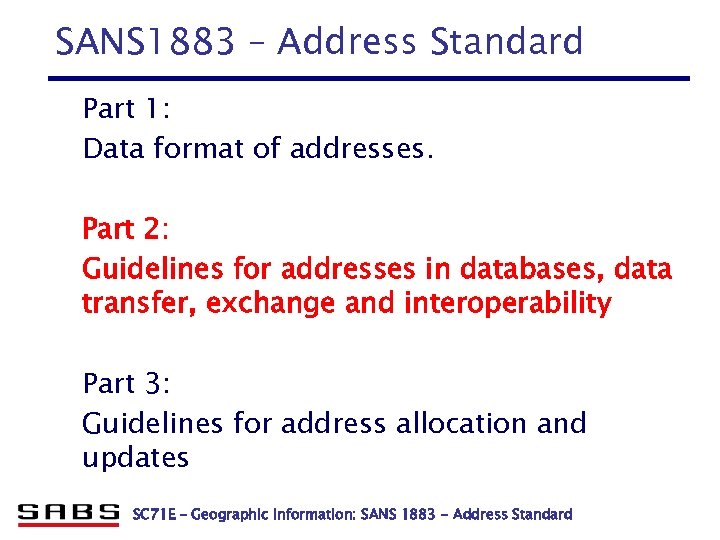 SANS 1883 – Address Standard Part 1: Data format of addresses. Part 2: Guidelines