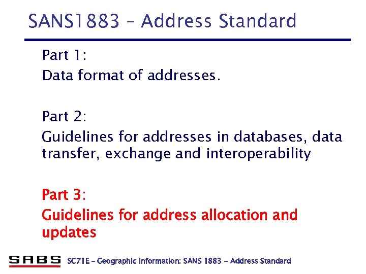 SANS 1883 – Address Standard Part 1: Data format of addresses. Part 2: Guidelines