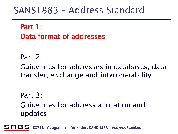 SANS 1883 – Address Standard Part 1: Data format of addresses Part 2: Guidelines