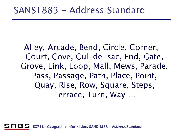 SANS 1883 - Address Standard Alley, Arcade, Bend, Circle, Corner, Court, Cove, Cul-de-sac, End,