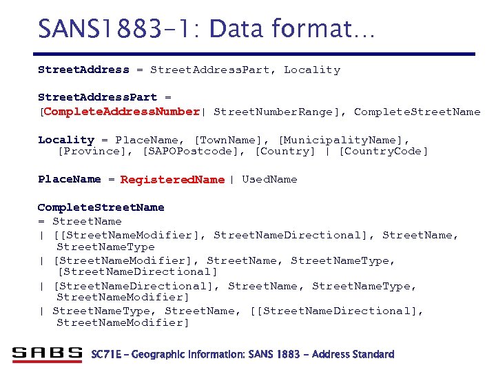 SANS 1883 -1: Data format… Street. Address = Street. Address. Part, Locality Street. Address.