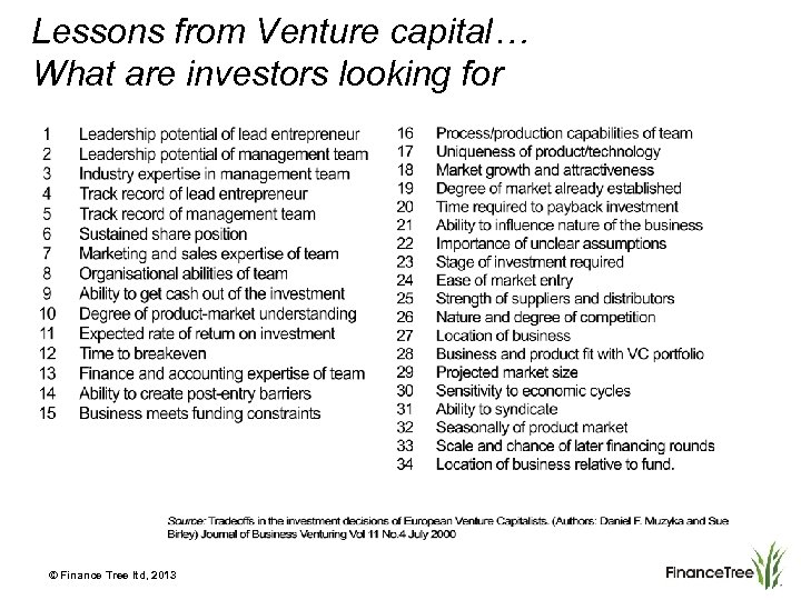 Lessons from Venture capital… What are investors looking for © Finance Tree ltd, 2013