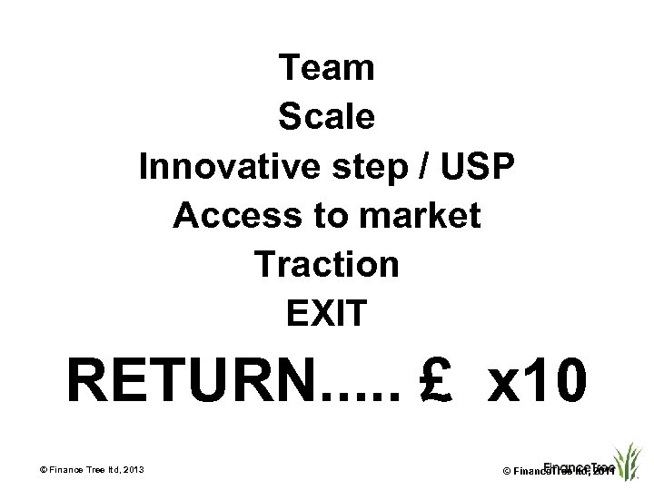 Team Scale Innovative step / USP Access to market Traction EXIT RETURN. . .