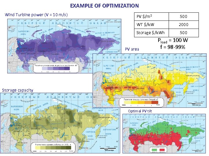 EXAMPLE OF OPTIMIZATION Wind Turbine power (V = 10 m/s) PV $/m 2 500