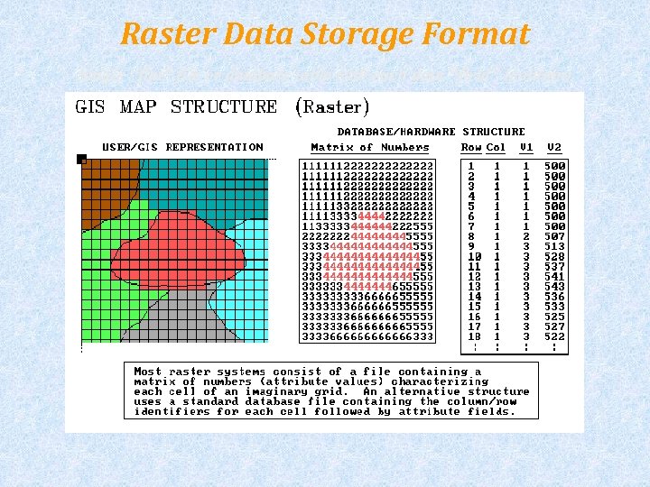 Raster Data Storage Format Single “flat” file or database table with each data “field”