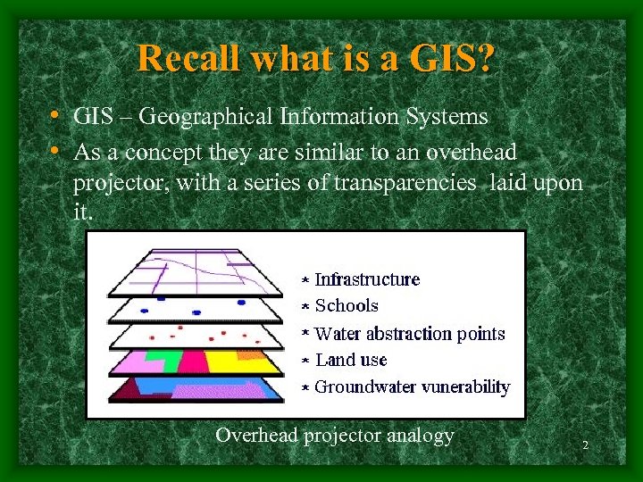 Recall what is a GIS? • GIS – Geographical Information Systems • As a