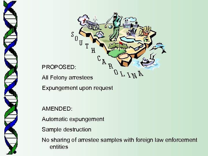 PROPOSED: All Felony arrestees Expungement upon request AMENDED: Automatic expungement Sample destruction No sharing