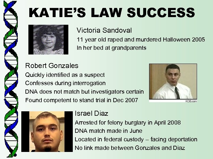 KATIE’S LAW SUCCESS Victoria Sandoval 11 year old raped and murdered Halloween 2005 In