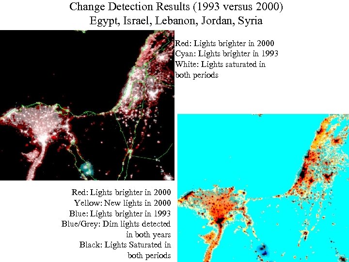 Change Detection Results (1993 versus 2000) Egypt, Israel, Lebanon, Jordan, Syria Red: Lights brighter