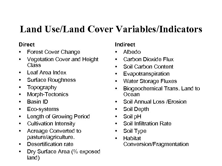 Land Use/Land Cover Variables/Indicators Direct • Forest Cover Change • Vegetation Cover and Height