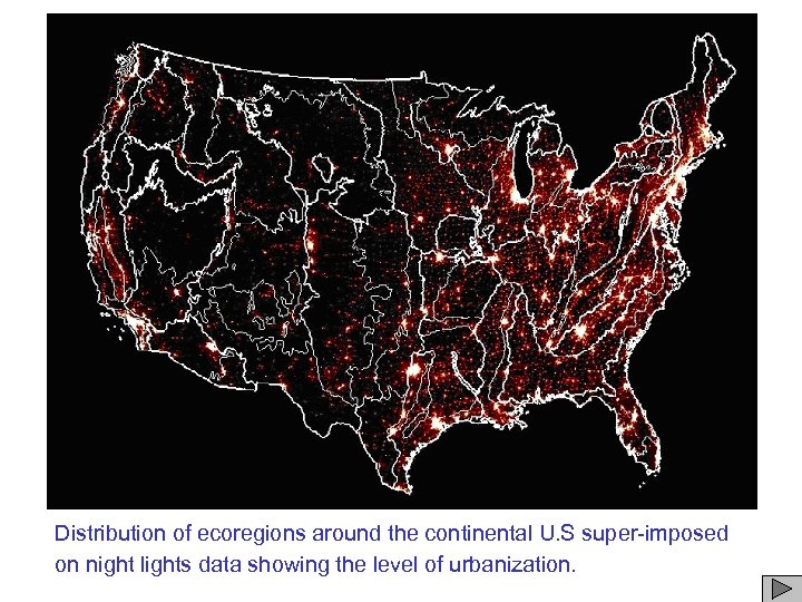 Distribution of ecoregions around the continental U. S super-imposed on night lights data showing