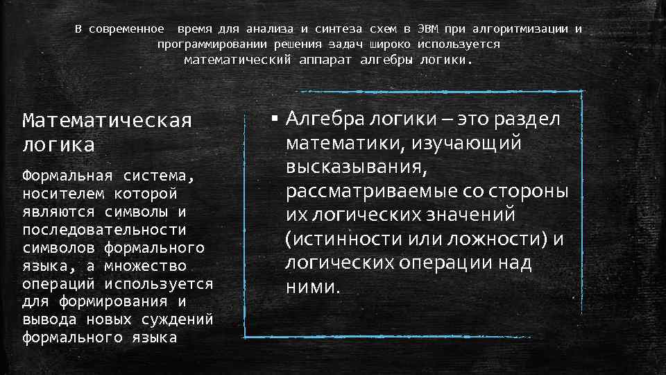 В современное время для анализа и синтеза схем в ЭВМ при алгоритмизации и программировании