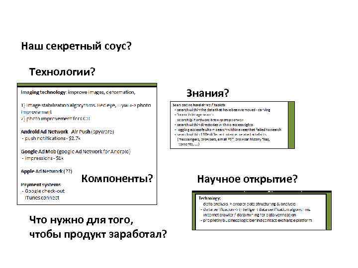 Наш секретный соус? Технологии? Знания? Компоненты? Что нужно для того, чтобы продукт заработал? Научное