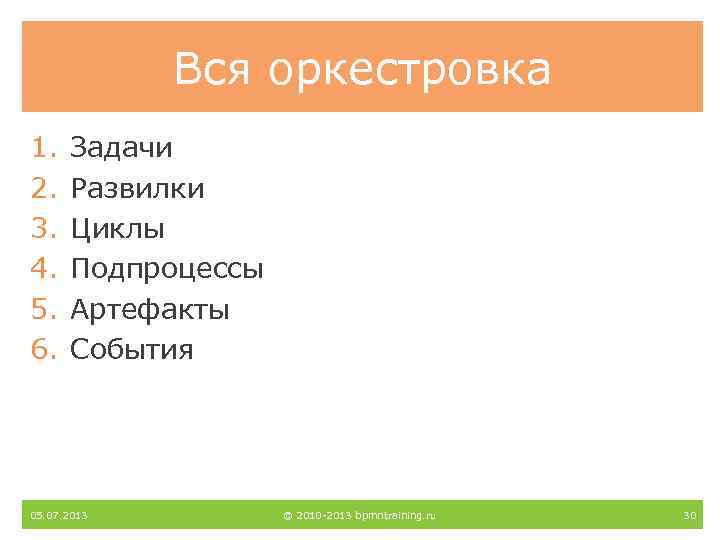 Вся оркестровка 1. 2. 3. 4. 5. 6. Задачи Развилки Циклы Подпроцессы Артефакты События