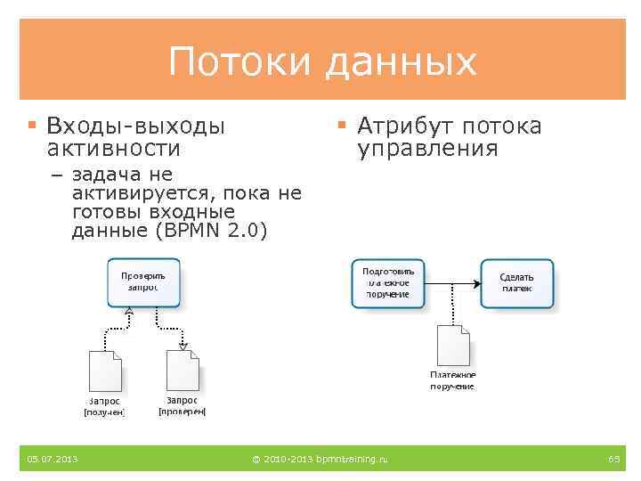 Потоки данных § Входы-выходы активности § Атрибут потока управления – задача не активируется, пока