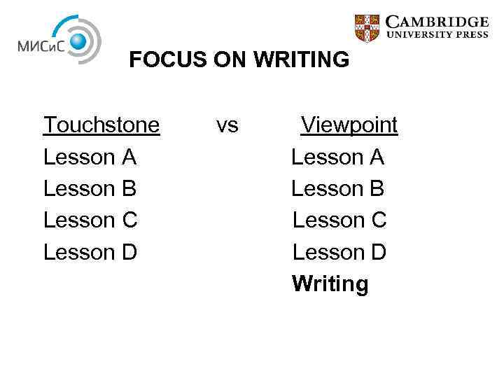 FOCUS ON WRITING Touchstone Lesson A Lesson B Lesson C Lesson D vs Viewpoint