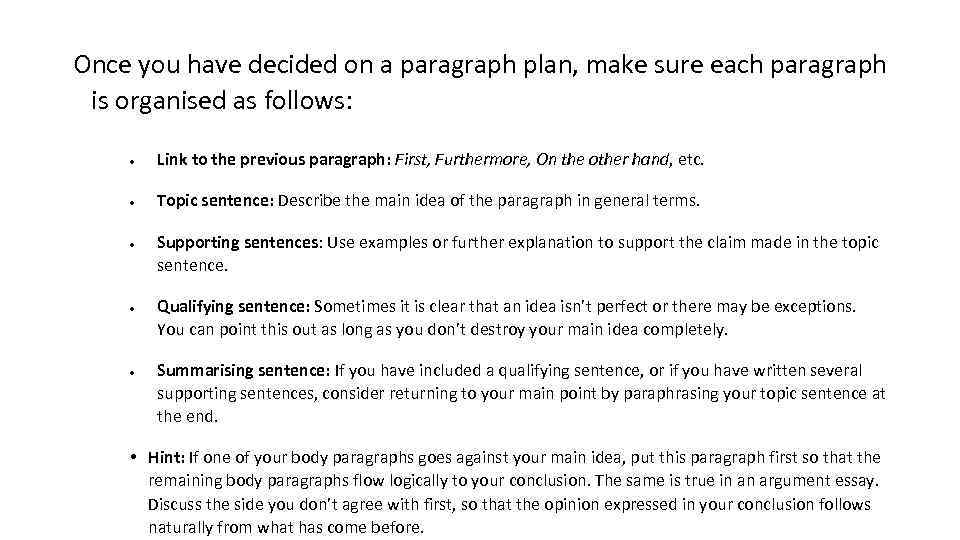 Once you have decided on a paragraph plan, make sure each paragraph is organised