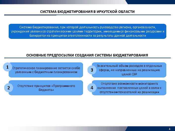 СИСТЕМА БЮДЖЕТИРОВАНИЯ В ИРКУТСКОЙ ОБЛАСТИ Система бюджетирования, при которой деятельность руководства региона, органов власти,