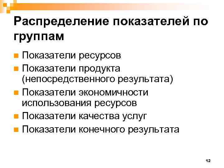 Распределение показателей по группам Показатели ресурсов n Показатели продукта (непосредственного результата) n Показатели экономичности