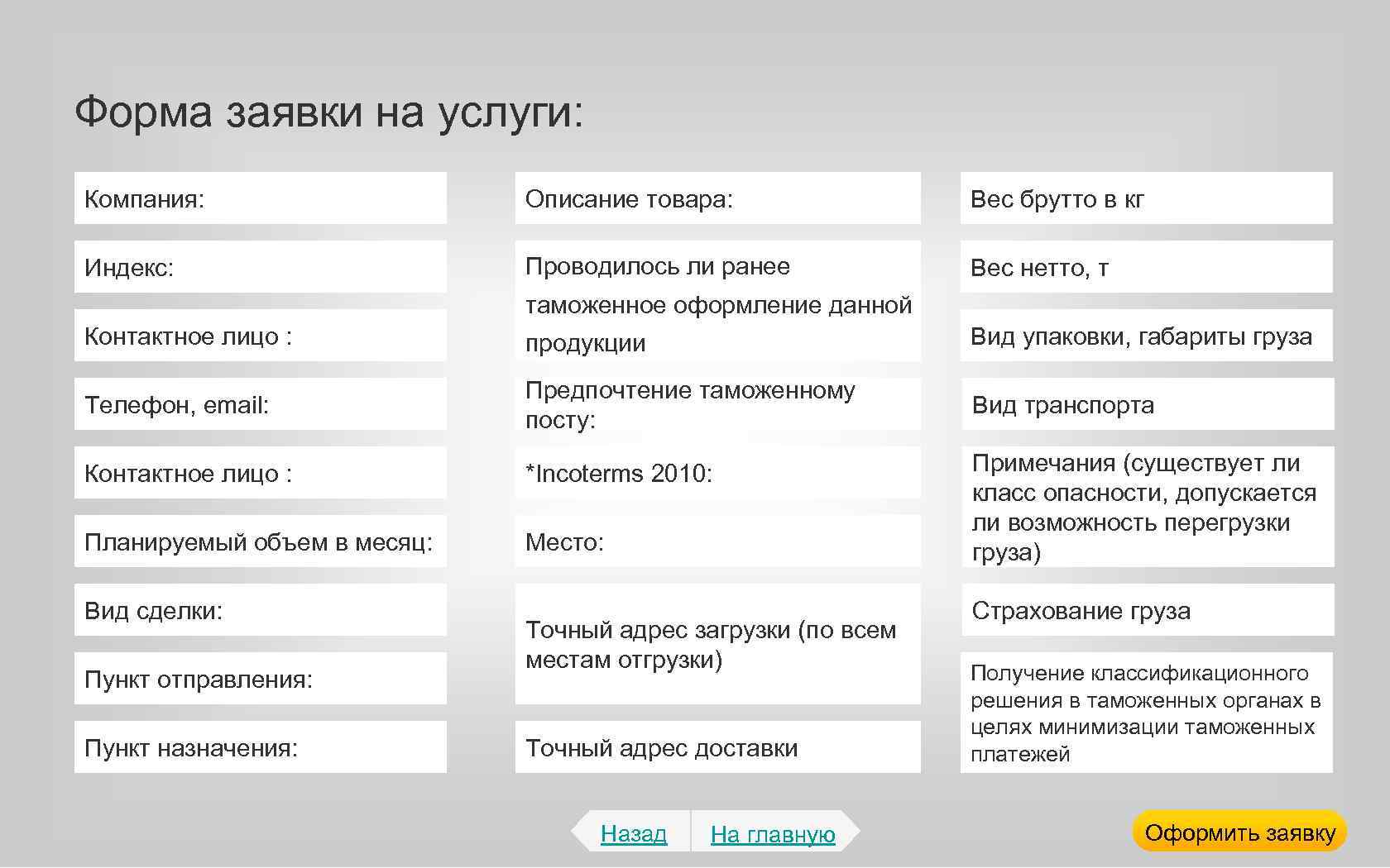 Форма заявки на услуги: Компания: Описание товара: Вес брутто в кг Индекс: Проводилось ли