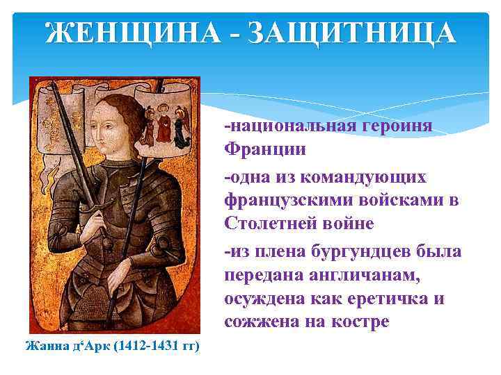 ЖЕНЩИНА - ЗАЩИТНИЦА -национальная героиня Франции -одна из командующих французскими войсками в Столетней войне